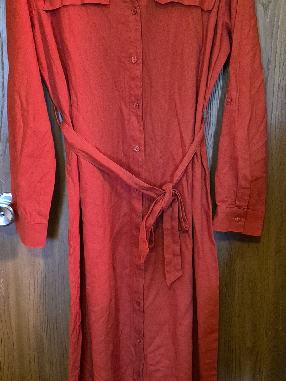 Calvin Klein Linen Blend Orange Maxi Long Sleeve  Dress Roll Tab Sleeve Size 12